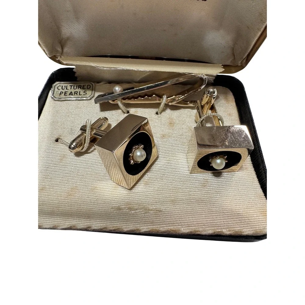 Vintage Shields Fifth Avenue Cufflinks Tie Bar Set‎ Cultured Pearls Rare